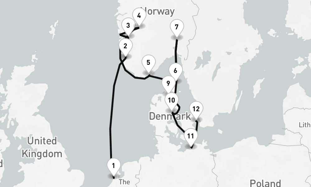 12 nights / 13 days, one-way from IJmuiden (Holland) to Copenhagen