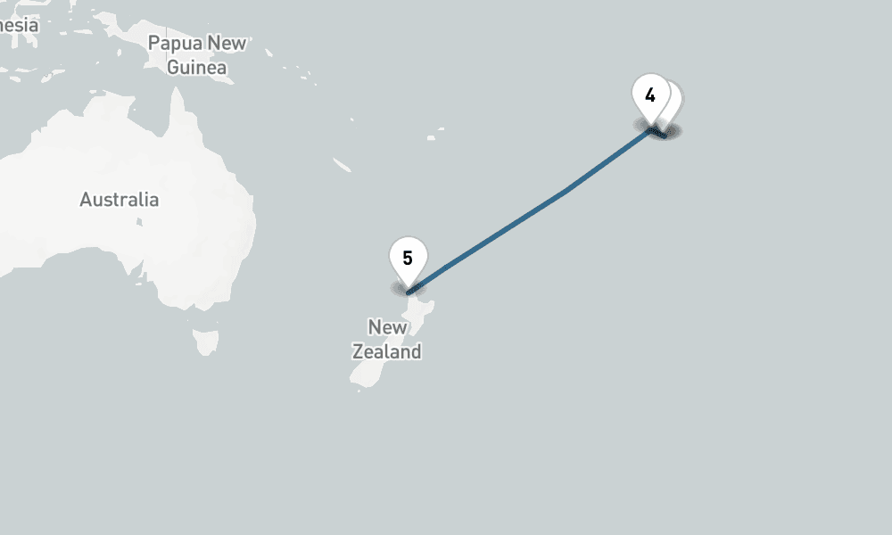16 nights / 17 days, one-way from Papeete (Tahiti Island, French Polynesia) to Auckland