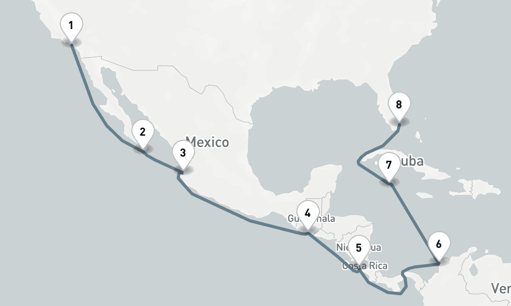16 nights / 17 days, one-way from Los Angeles (San Pedro / Long Beach) to Miami (Florida)