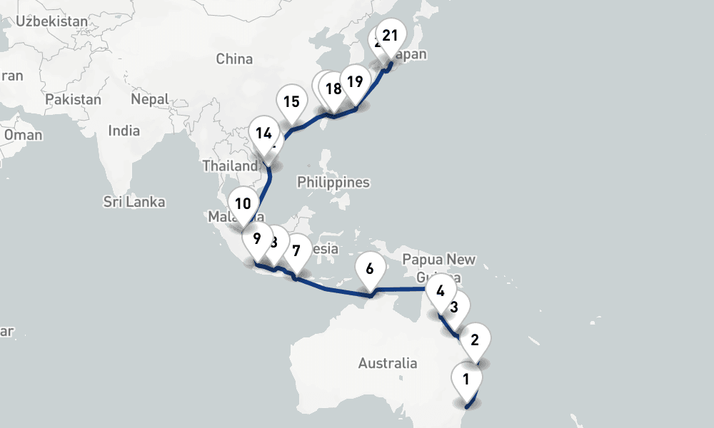 34 nights / 35 days, one-way from Sydney (NSW, Australia) to Kobe (Osaka-Kyoto, Japan)