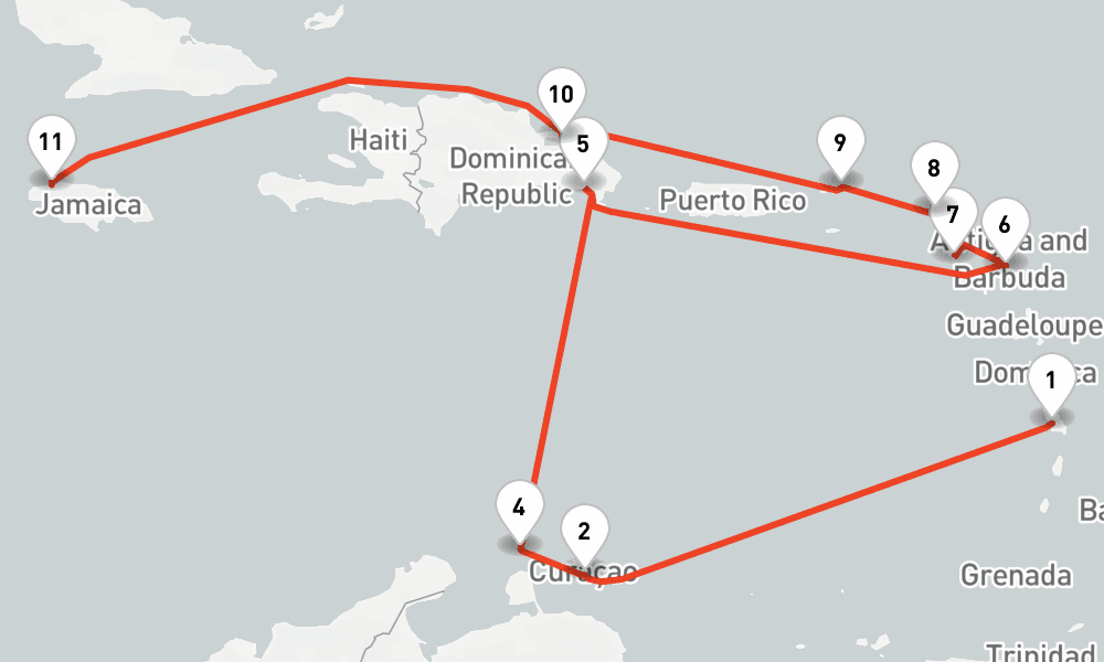 14 nights / 15 days, one-way from Fort-de-France (Martinique) to Montego Bay
