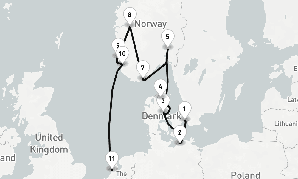 12 nights / 13 days, one-way from Copenhagen to IJmuiden (Holland)