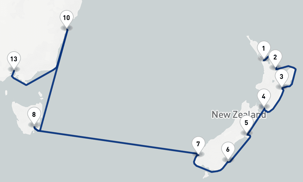 16 nights / 17 days, one-way from Auckland to Melbourne (Victoria, Australia)