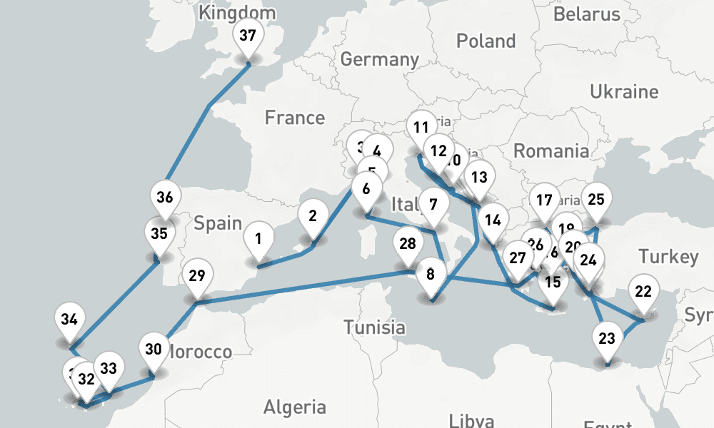 63 nights / 64 days, one-way from Alicante to Southampton (England)