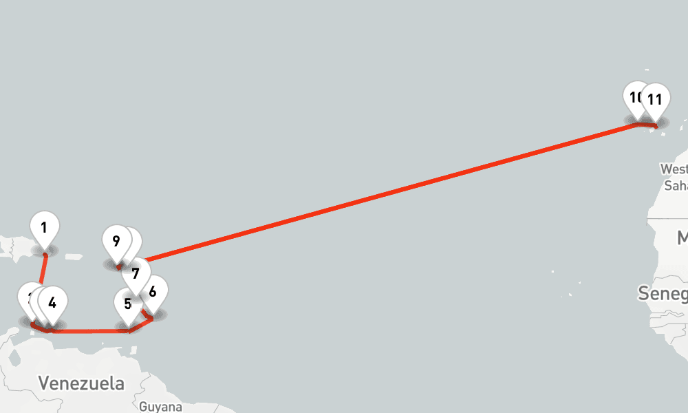 18 nights / 19 days, one-way from La Romana (Dominican Republic) to Santa Cruz de Tenerife (Canary Islands)