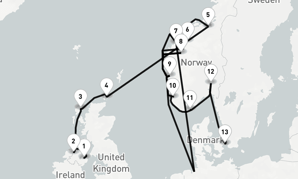 14 nights / 15 days, one-way from Belfast (Northern Ireland) to Copenhagen