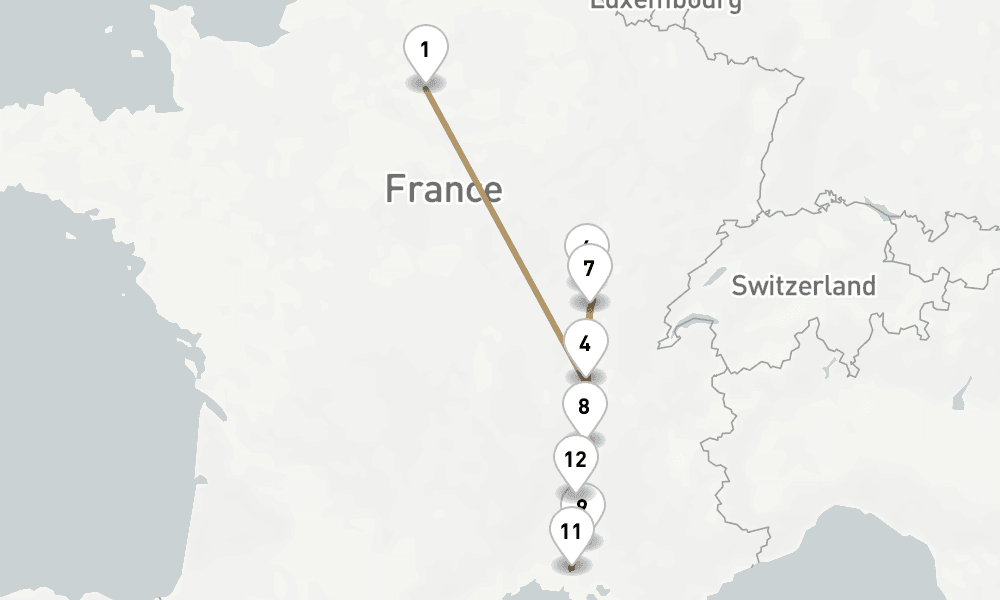 12 nights / 13 days, one-way from Paris to Lyon