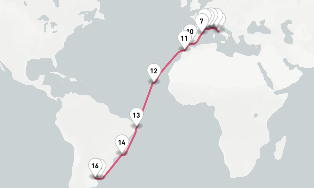 28 nights / 29 days, one-way from Civitavecchia (Rome, Italy) to Buenos Aires