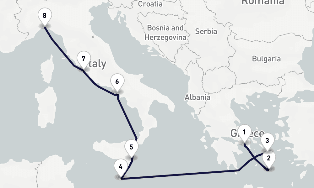 8 nights / 9 days, one-way from Piraeus (Athens, Greece) to Genoa
