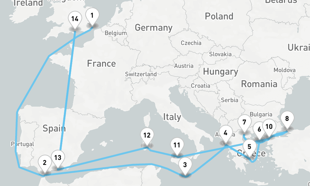 27 nights / 28 days, one-way from Dover (England) to Portsmouth (England)