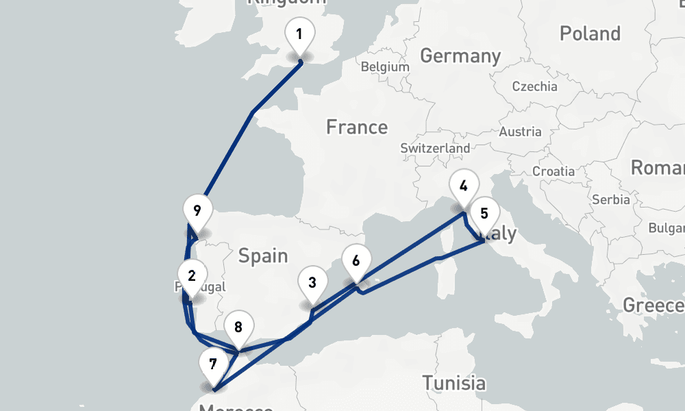 19 nights / 20 days, Southampton (England) Round trip