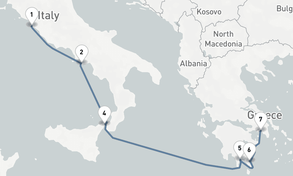 7 nights / 8 days, one-way from Civitavecchia (Rome, Italy) to Piraeus (Athens, Greece)