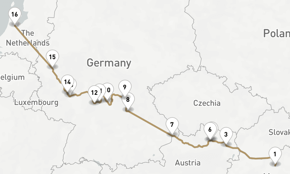 14 nights / 15 days, one-way from Budapest to Amsterdam (Holland)