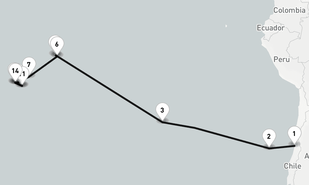 28 nights / 29 days, one-way from Valparaiso (Santiago, Chile) to Papeete (Tahiti Island, French Polynesia)