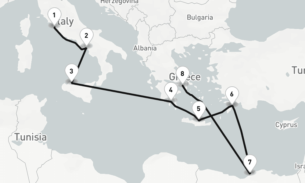 10 nights / 11 days, one-way from Civitavecchia (Rome, Italy) to Piraeus (Athens, Greece)