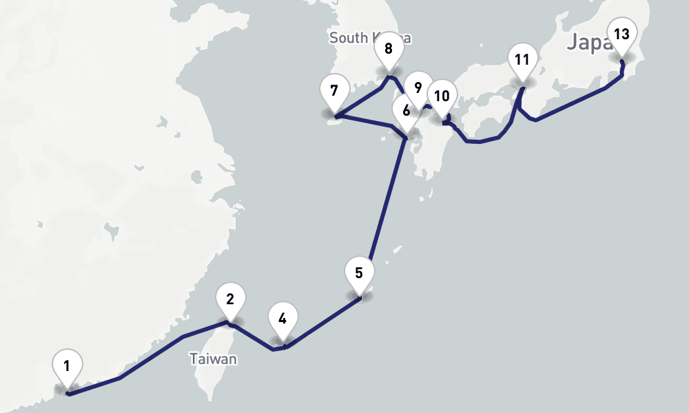 16 nights / 17 days, one-way from Hong Kong to Tokyo