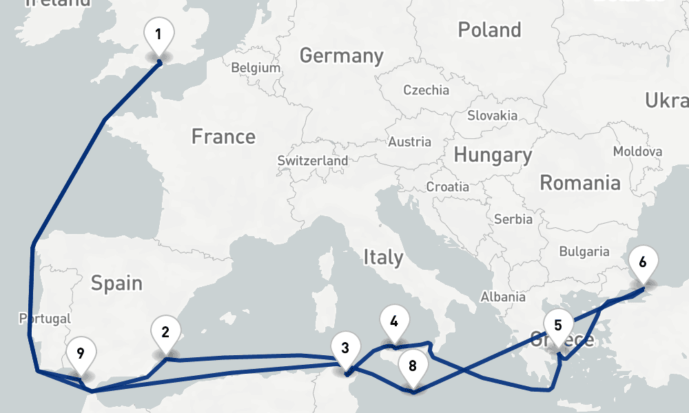 21 nights / 22 days, Southampton (England) Round trip