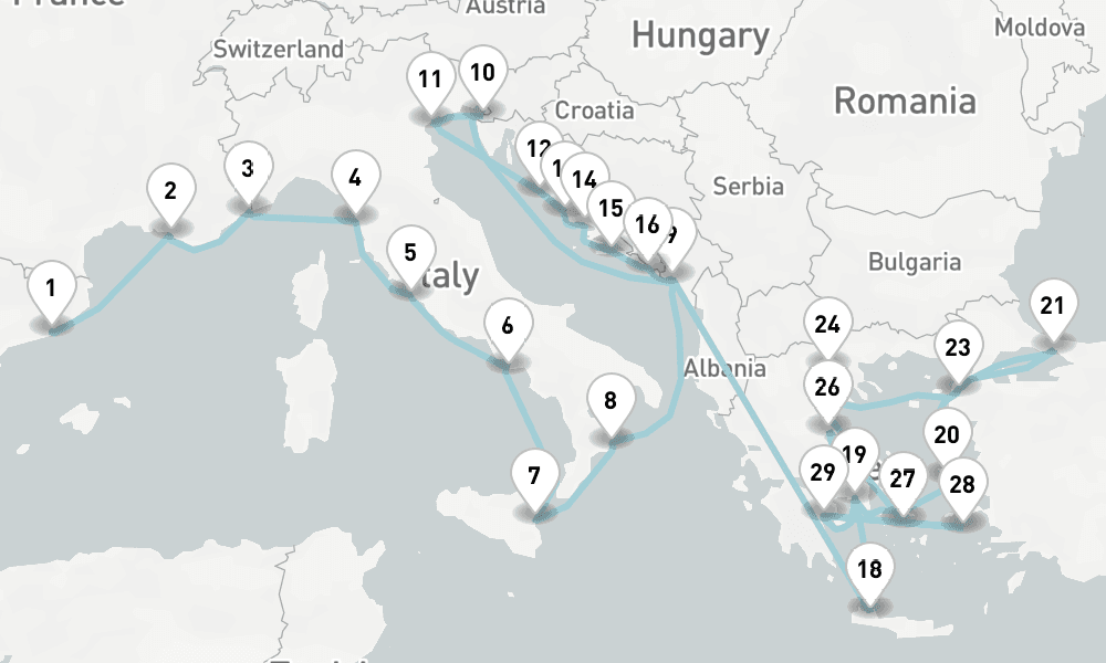 31 nights / 32 days, one-way from Barcelona to Piraeus (Athens, Greece)