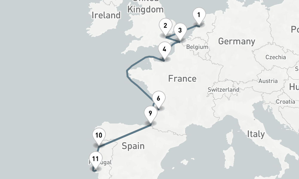 12 nights / 13 days, one-way from Amsterdam (Holland) to Lisbon