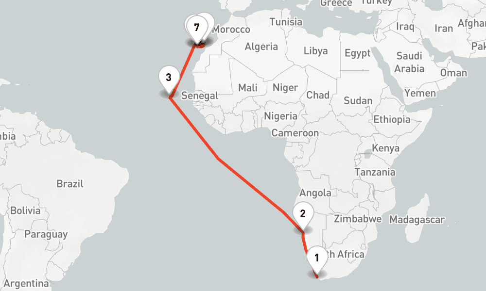 17 nights / 18 days, one-way from Cape Town to Las Palmas (Gran Canaria, Canary Islands)
