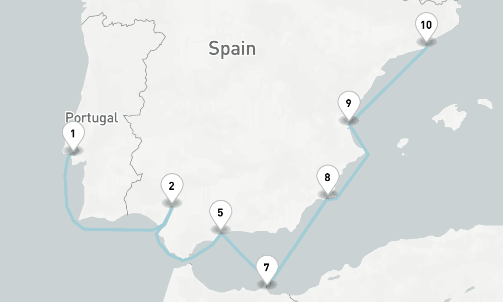 9 nights / 10 days, one-way from Lisbon to Barcelona