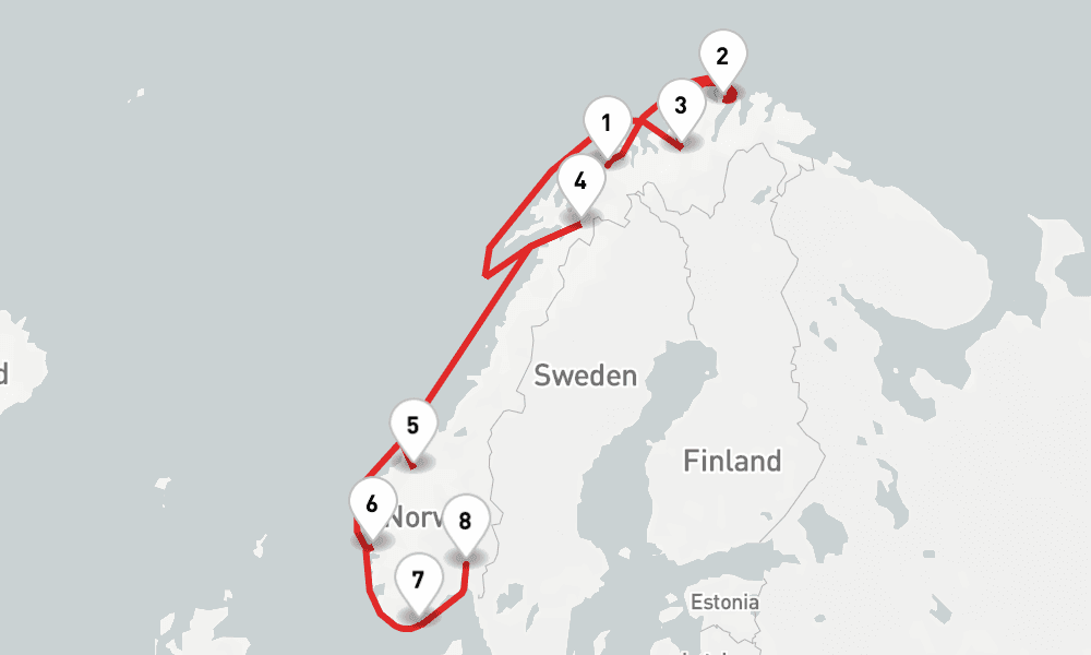 8 nights / 9 days, one-way from Tromso to Oslo