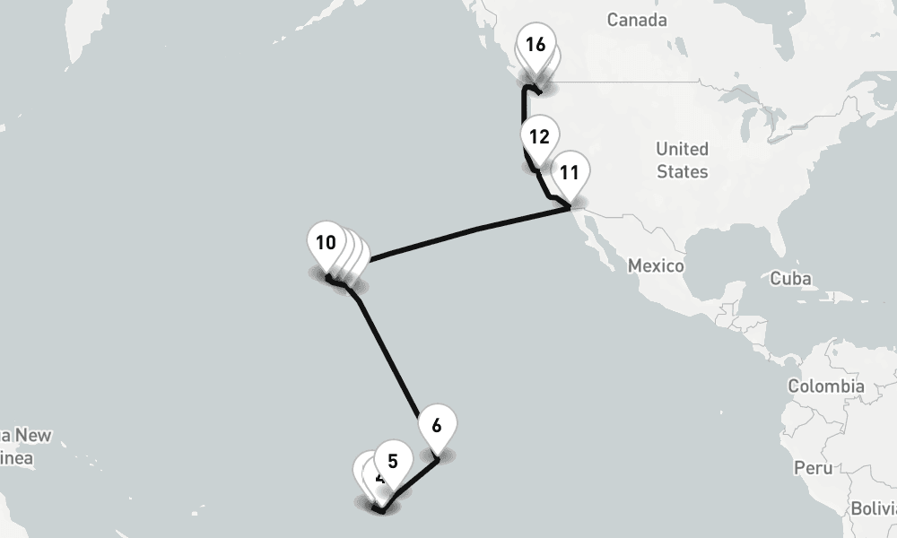 30 nights / 31 days, one-way from Papeete (Tahiti Island, French Polynesia) to Vancouver (BC Canada)