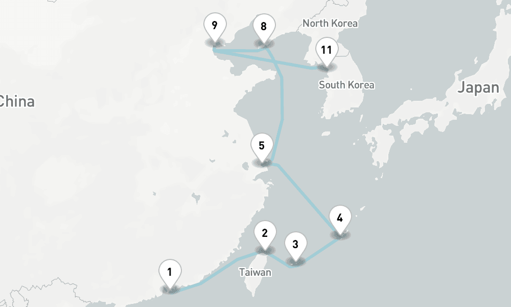 14 nights / 15 days, one-way from Hong Kong to Incheon (Seoul, South Korea)