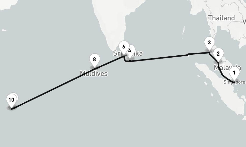 16 nights / 17 days, one-way from Singapore to Mahe Island (Victoria, Seychelles)