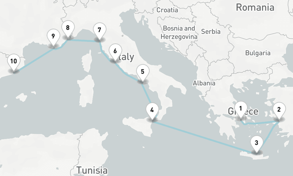 11 nights / 12 days, one-way from Piraeus (Athens, Greece) to Barcelona