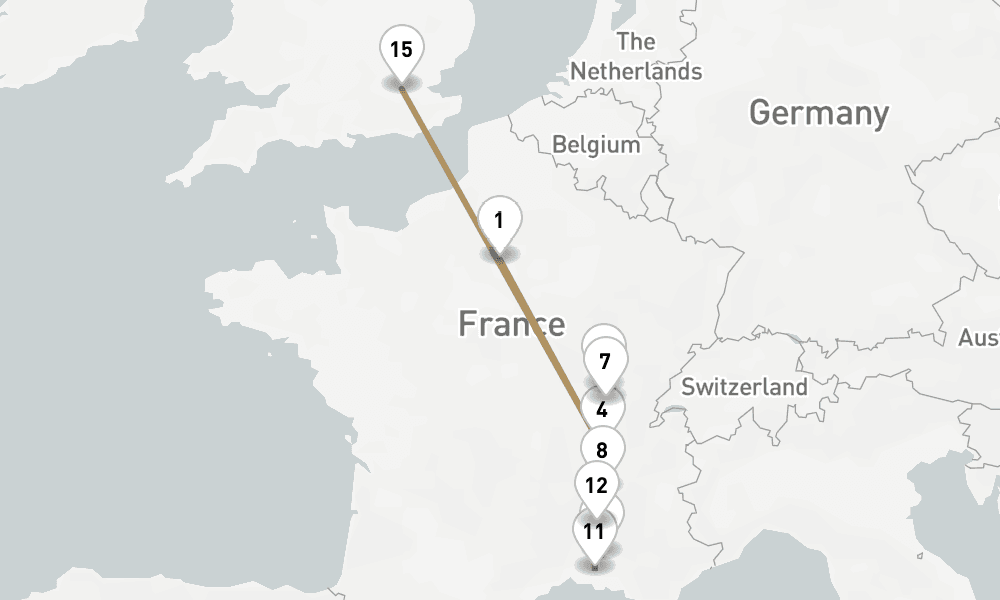 15 nights / 16 days, one-way from Paris to Greenwich (London, England)