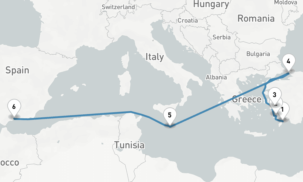 12 nights / 13 days, one-way from Rhodes Island to Malaga