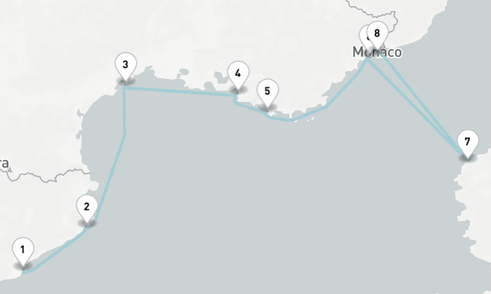7 nights / 8 days, one-way from Barcelona to Monte Carlo (Monaco, France Riviera)