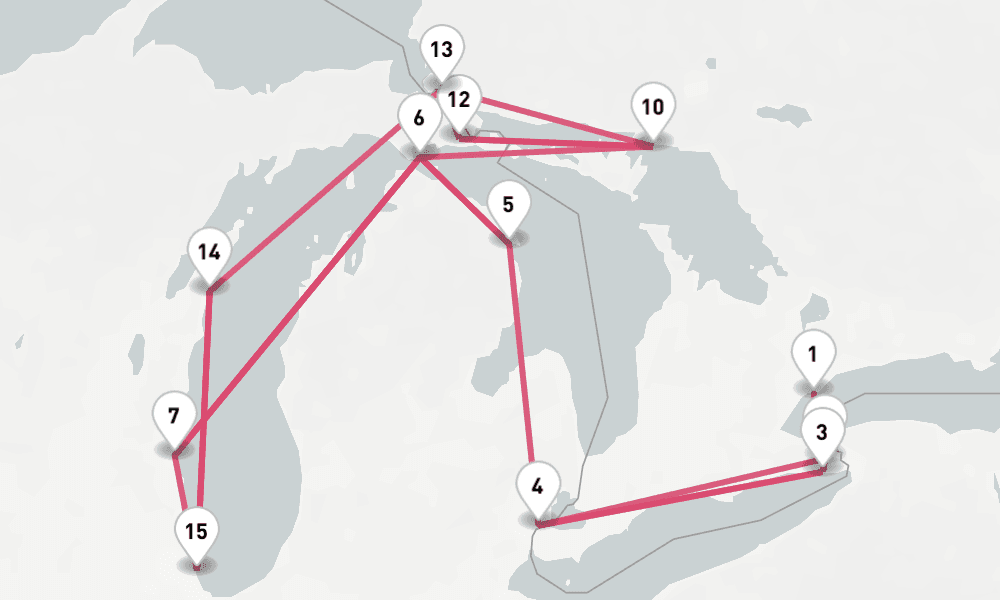 16 nights / 17 days, one-way from Toronto (Ontario) to Milwaukee (Lake Michigan, Wisconsin)