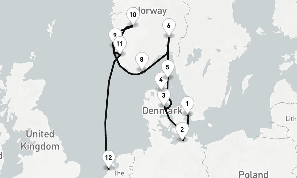 12 nights / 13 days, one-way from Copenhagen to IJmuiden (Holland)