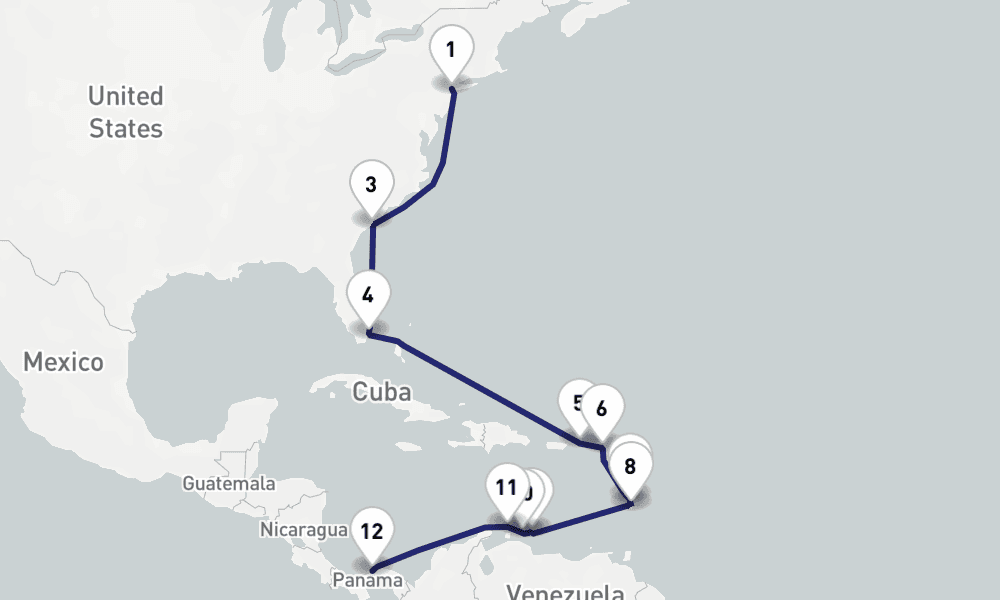 19 nights / 20 days, one-way from New York (Cape Liberty NYC) to Colon