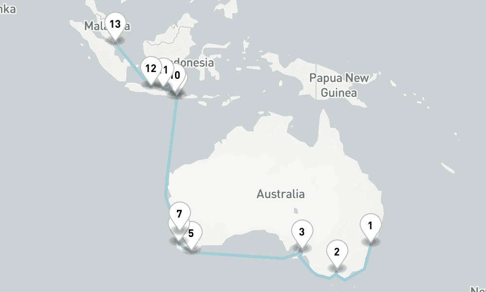 22 nights / 23 days, one-way from Sydney (NSW, Australia) to Singapore