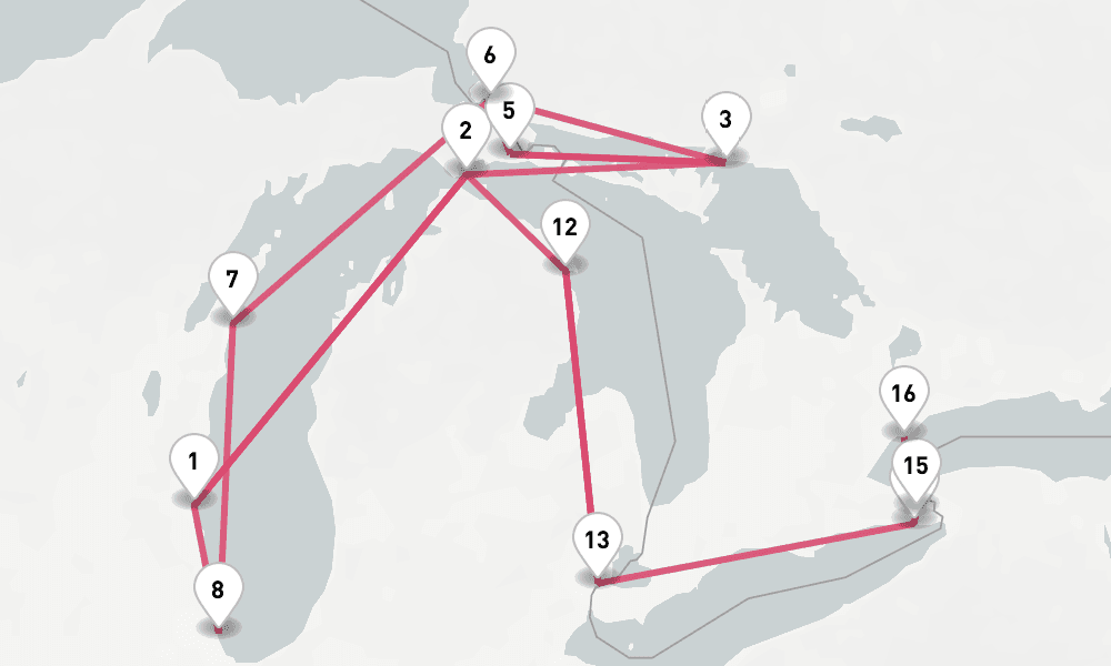 16 nights / 17 days, one-way from Milwaukee (Lake Michigan, Wisconsin) to Toronto (Ontario)
