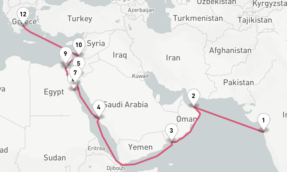 20 nights / 21 days, one-way from Mumbai (Bombay, India) to Piraeus (Athens, Greece)