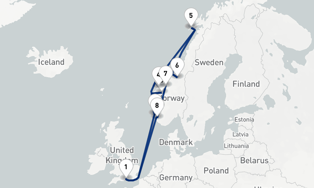 14 nights / 15 days, Southampton (England) Round trip