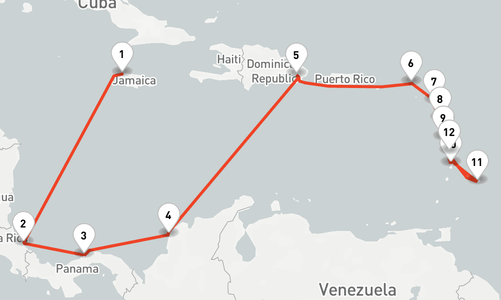 14 nights / 15 days, one-way from Montego Bay to Fort-de-France (Martinique)