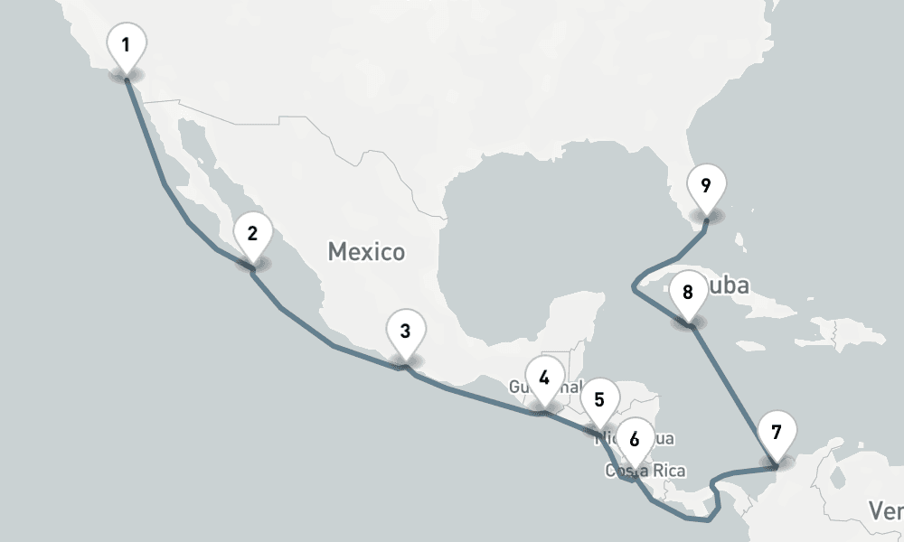 16 nights / 17 days, one-way from Los Angeles (San Pedro / Long Beach) to Miami (Florida)