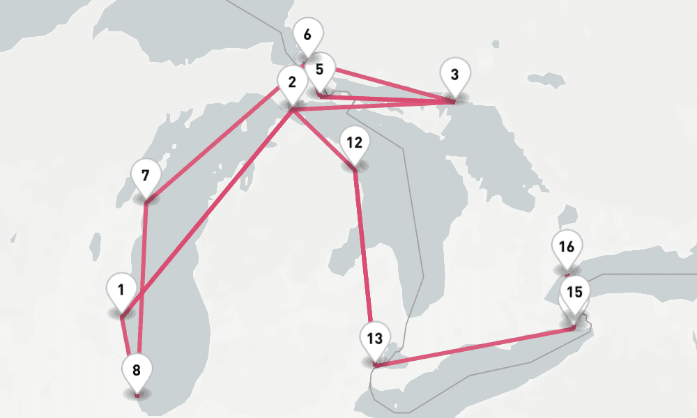 16 nights / 17 days, one-way from Milwaukee (Lake Michigan, Wisconsin) to Toronto (Ontario)