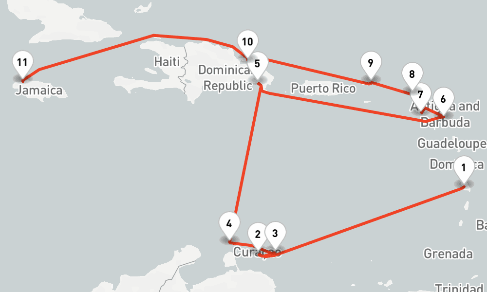 14 nights / 15 days, one-way from Fort-de-France (Martinique) to Montego Bay