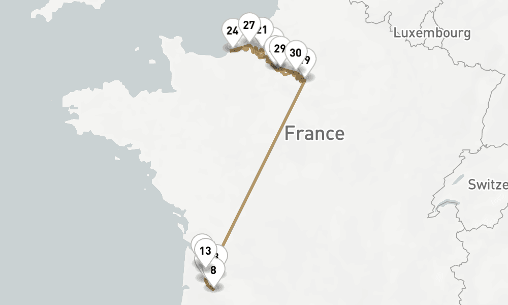 20 nights / 21 days, one-way from Bordeaux to Paris