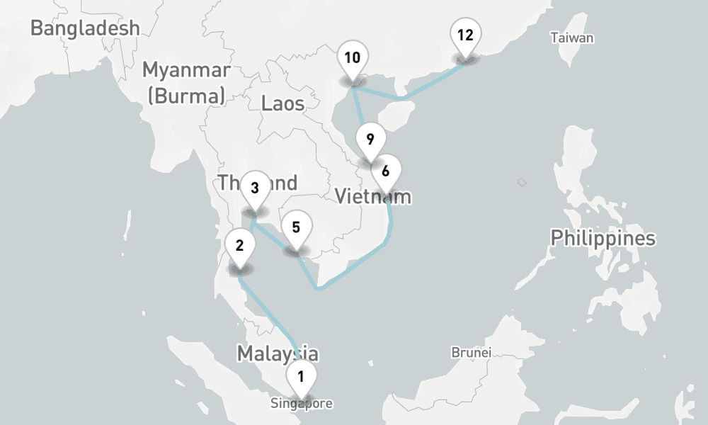19 nights / 20 days, one-way from Singapore to Hong Kong