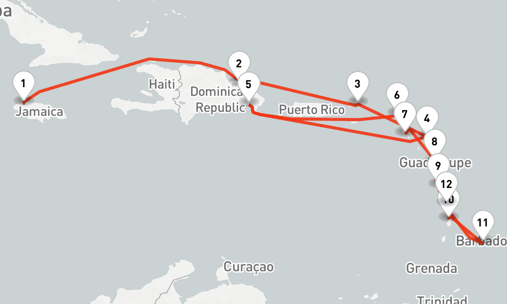14 nights / 15 days, one-way from Montego Bay to Fort-de-France (Martinique)