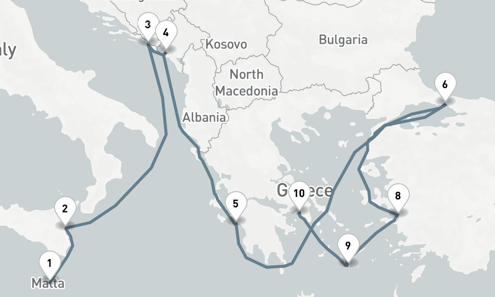 12 nights / 13 days, one-way from Valletta to Piraeus (Athens, Greece)