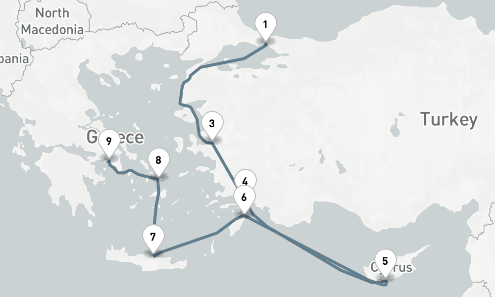 10 nights / 11 days, one-way from Istanbul to Piraeus (Athens, Greece)