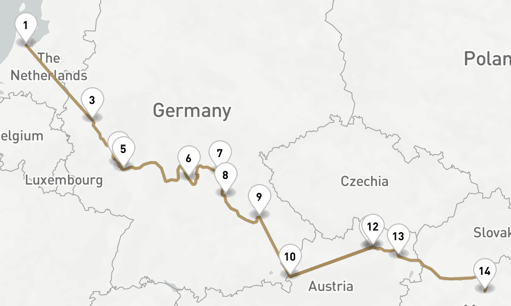 14 nights / 15 days, one-way from Amsterdam (Holland) to Budapest